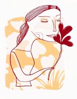 Illustration of woman inhaling aroma of flower symbolizing the zodiac sign Virgo