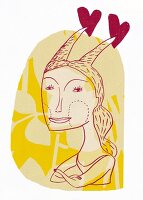 Illustration of woman with sea goat horns and hearts symbolizing the zodiac sign Capricorn
