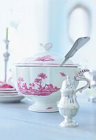 Toile de Jouy pattern soup tureen with rural motifs from France