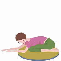 Illustration: Frau macht Yoga-Übung: kniet + liegt auf Bauch, Hände vorne