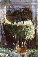 Wine bottles under fountain for cooling