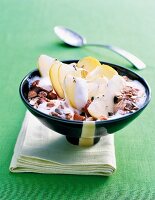 Close-up of warm apple muesli in bowl