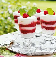 Rot-weisses Dessert: Rote Grütze und Vanillejoghurt in Gläser geschichtet