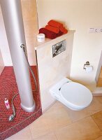 Badezimmer mit offener Dusche, WC rote Mosaiksteine
