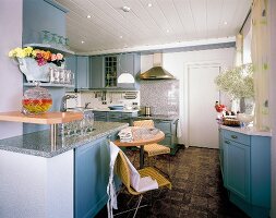View of blue rustic country style kitchen
