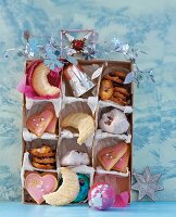 Various Christmas cookies in a box with compartments against blue background