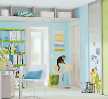 View of workplace with pastel coloured walls made in corridor with cat on cat tree