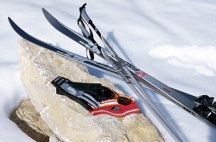 Close-up of ski poles and hat, equipment for Nordic skiing