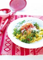 Spaghetti with Parma ham on plate