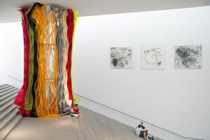 People sitting in Pinakothek der Moderne Museum in Munich, Germany