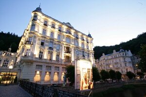 View of illuminated Grandhotel Pupp at Karlovy Vary, Czech Republic