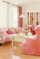 Living room with sofa, wing chair and coffee table, Toile de Jouy