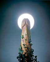 Statue of penis with ivy crawling, against full moon and sky