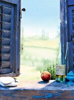 View of landscape through window, apple and bottle on window sill
