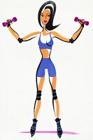 Illustration of woman standing on skating track with dumbbells doing bicep curl workout 