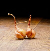 Close-up of two shallots onion on wooden floor