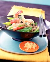 Rise noodles with shrimps and vegetable in Chinese bowl