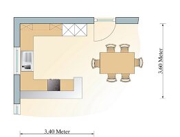 Illustration: Küche mit Theke, Spüle einem Kühlschrank und Backofen