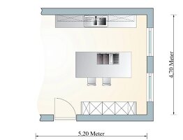 Illustration: Küche mit Spüle, Grill einem Kühlschrank und Backofen