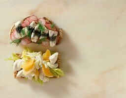 Knäckebrot mit Geflügelsalat + Brot mit Kräuter-Fisch-Röllchen