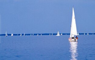 Sailboats sailing in Steinhuder Meer lake against blue sky, Germany