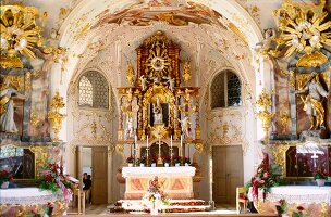 View of altar in church at Hohenpeissenberg, Bavaria, Germany