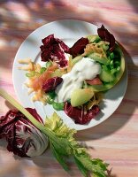 Celery salad with melon and smoked ham on plate