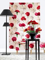 Floral print wall with bench, cushion, table and flower vase