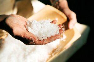 Grobkörniges Salz auf einer Hand 