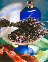 Close-up of lavender bouquet and mallow in bowl