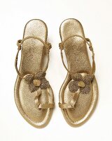 Golden toe sandals on white background