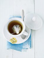 A cup of tea with a tea bag (seen from above)