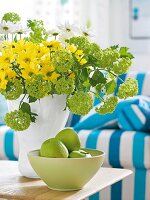Chrysanthemums, yellow, white, green, flower vase