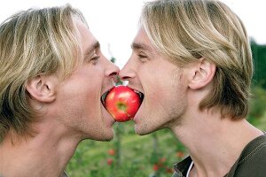 Zwei Männer beissen in einen Apfel