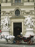 Man sitting in a horse carriage in front of Hofburg Palace statues