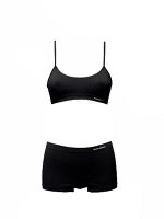 Black sports bustier and pants on white background