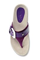 Close-up of purple flip flop with white buckle