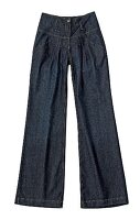 Dark blue jeans with wide waistband and pleats, cut out
