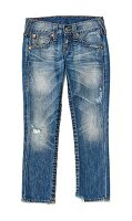 Freisteller: Jeans, Caprihose, Säume ausgefranst, verwaschen, blau