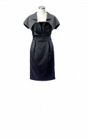 Black satin dress with grey bolero jacket on mannequin