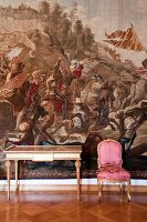 Two purple chairs in front of Tapestry wall in St. Emmeram's Abbey, Regensburg, Germany