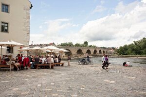 View of Stone Bridge over Danube river in Regensburg, Bavaria, Germany