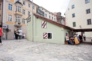 View of wall of Historic Sausage Kitchen in Regensburg, Bavaria, Germany