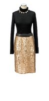 Black turtleneck top with golden sequined skirt on mannequin