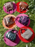 Various handbags on round rugs in meadow