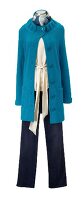 Knitted blue coat, beige blouse and jeans on mannequin against white background