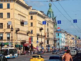 View of vehicles on busy Nevsky Prospect street in St. Petersburg, Russia
