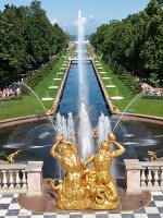 View of Peterhof Grand Cascade Garden with fountain in St. Petersburg, Russia