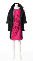 Gray wool coat with pink frilly dress on white background
