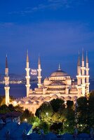 Illuminated Sultan Ahmed Mosque at night, Istanbul, Turkey
